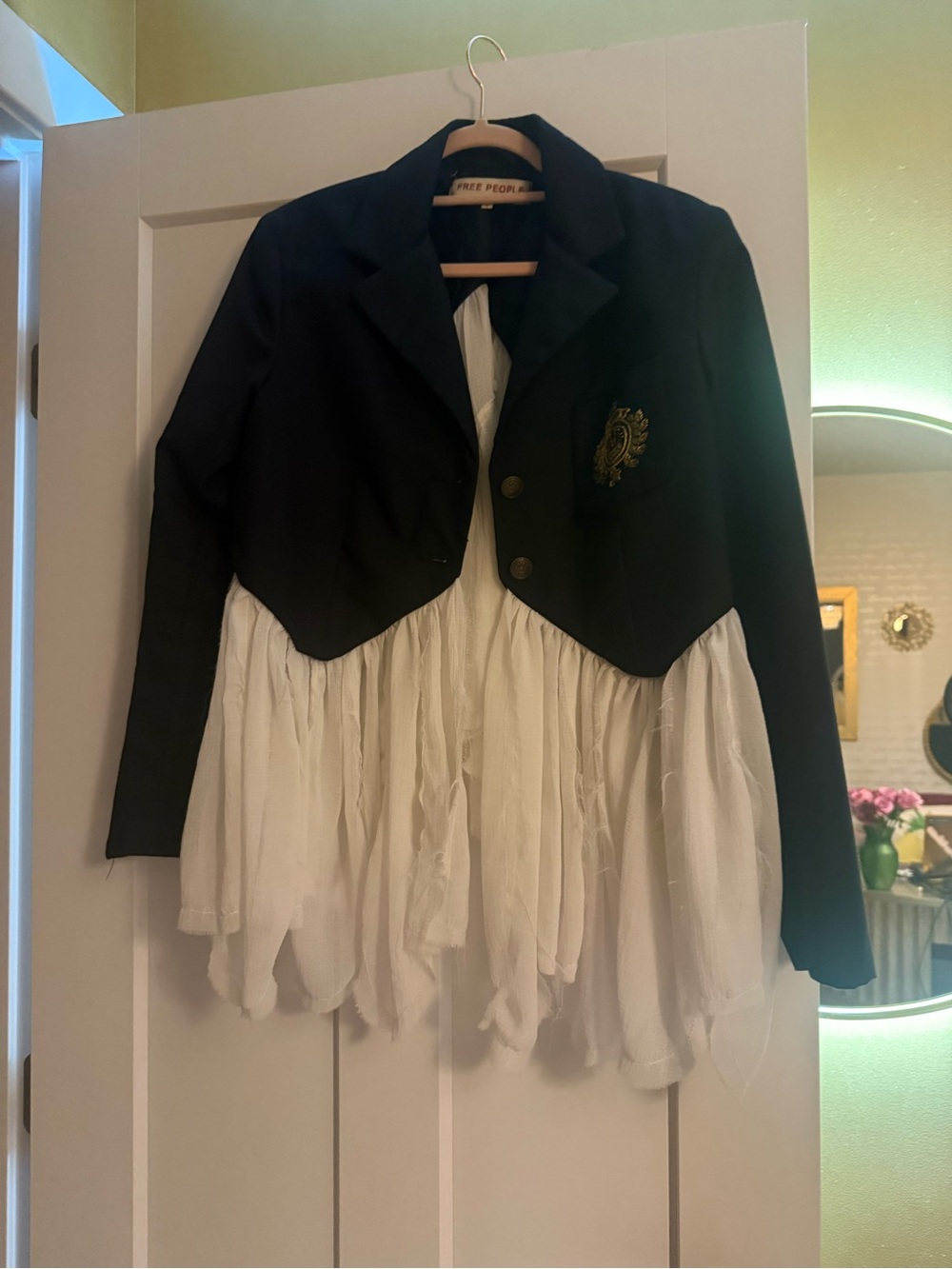 Free People Black Cropped Blazer with White Tulle Overlay
